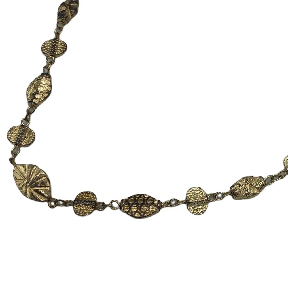 Long Statement Necklace Gold Tone Embossed Round Flat Metal Beads